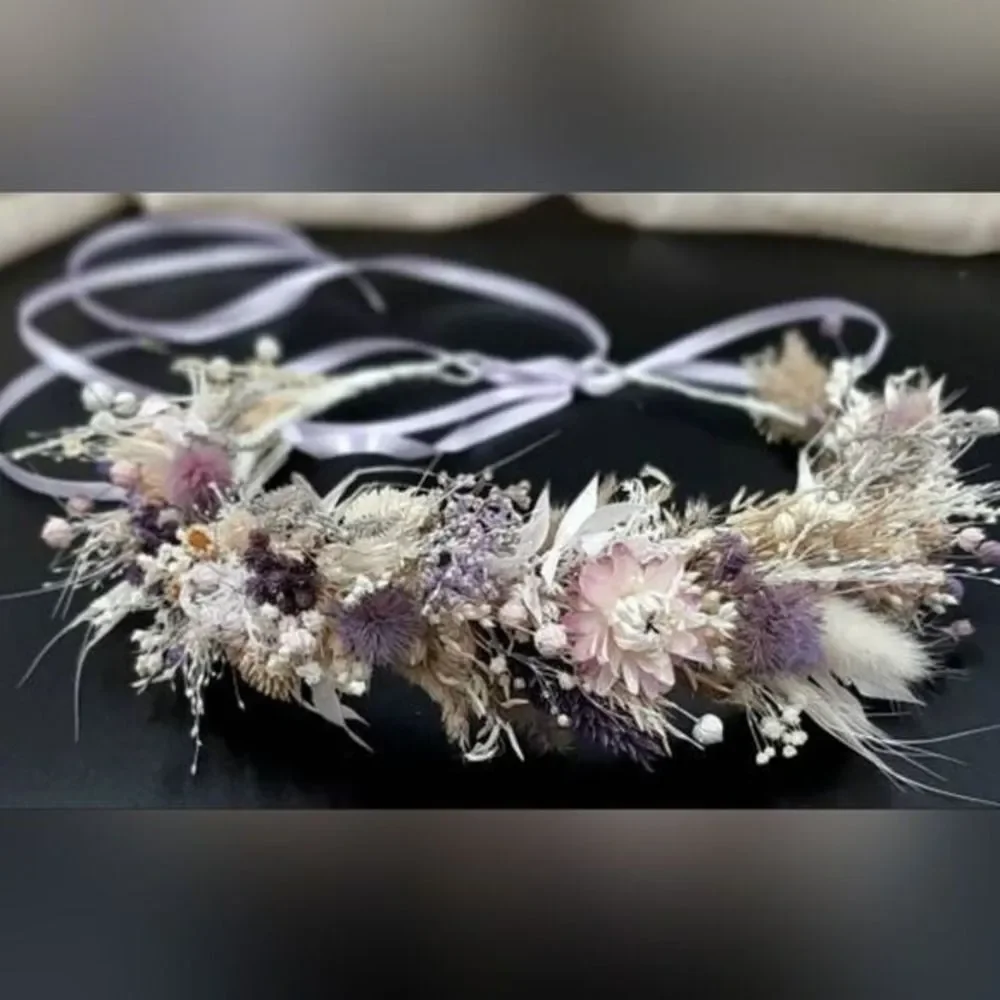 Dried Floral Wedding Set Purple/pink Rustic crown, bouquet, corsage, boutonniere
